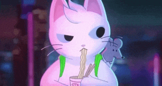 a cartoon cat is eating noodles with chopsticks and a mouse is behind it