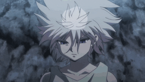 a close up of a cartoon character with white hair and blue eyes
