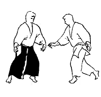 a black and white drawing of two men fighting each other .