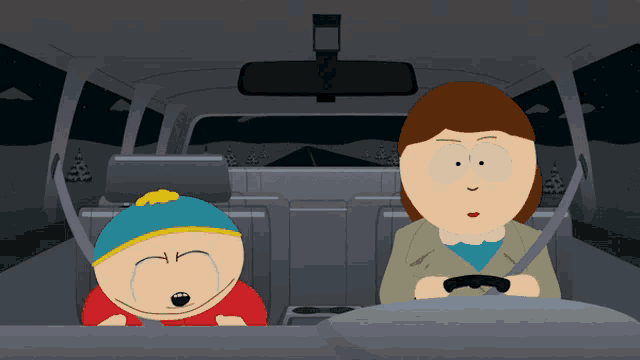 a cartoon of a woman driving a car with a boy crying in the back seat