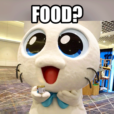 a white mascot holding a can of food with the words food above it
