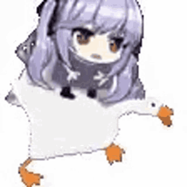a little girl is sitting on top of a white goose .