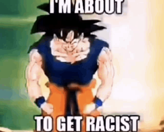 a cartoon character from dragon ball z is standing in front of a green background with the words `` i 'm about to get racist ''