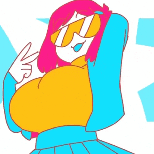 a cartoon girl with pink hair and sunglasses is giving a peace sign with her hands .