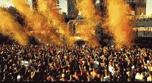 a crowd of people are gathered in front of a sign that says " dominator "