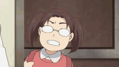 a cartoon girl with pigtails and glasses is making a face
