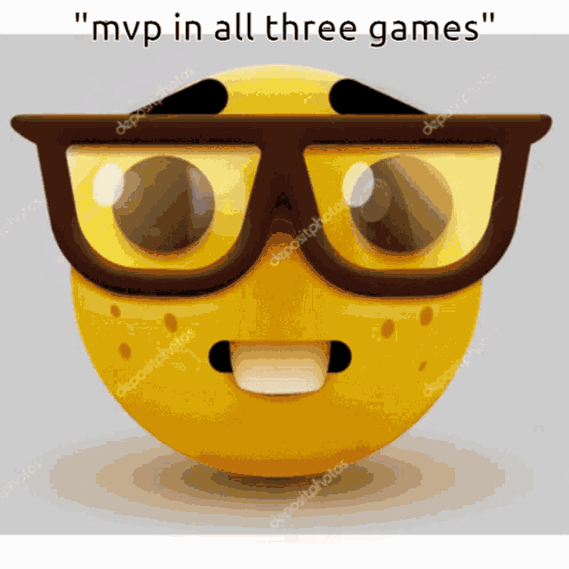 a yellow smiley face wearing glasses with the words " mvp in all three games " below it