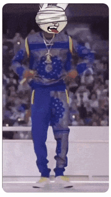 a cartoon character with a bandaged head is dancing