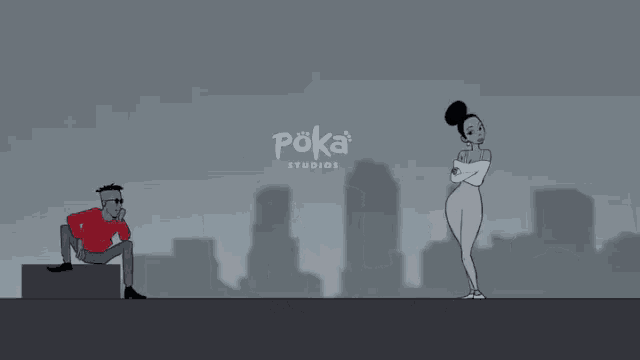 a man and a woman dancing in front of a city skyline
