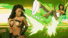 a naked woman is standing in front of a green background with a cartoon character flying in the background .