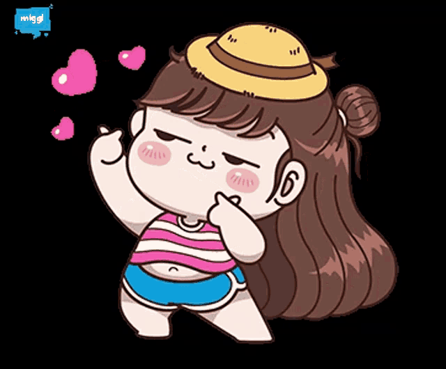 a cartoon girl wearing a hat and shorts is giving a thumbs up sign
