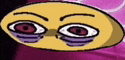 a close up of a cartoon smiley face with red eyes on a purple background .