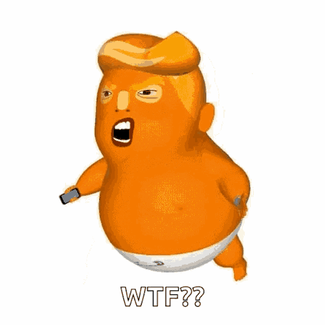 a cartoon of donald trump in a diaper holding a cell phone and screaming .