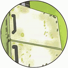 a cartoon drawing of a dirty refrigerator with a handle