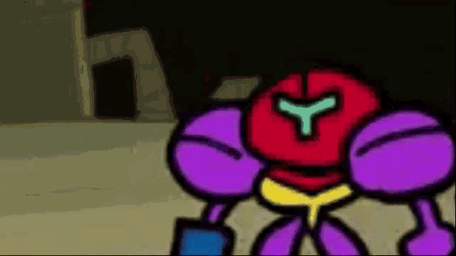 a cartoon of a purple robot with a red helmet and a yellow belt .