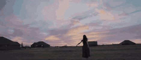 a woman in a long dress is standing in a field with a sunset in the background .