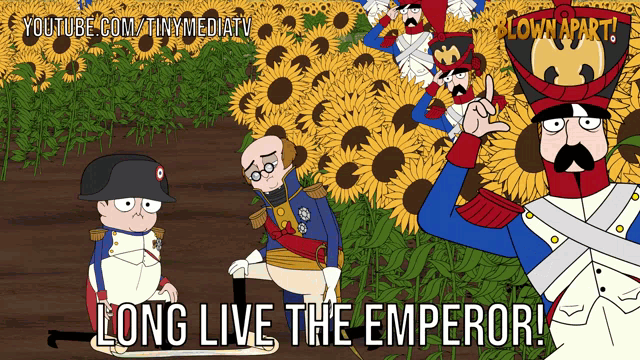 a cartoon of a man kneeling in front of a field of sunflowers with the words long live the emperor below him