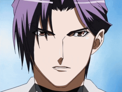 a close up of a person 's face with purple hair and a white shirt