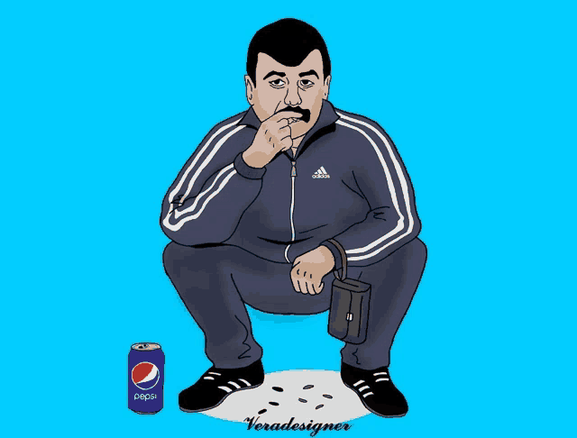 a cartoon of a man squatting down next to a can of pepsi