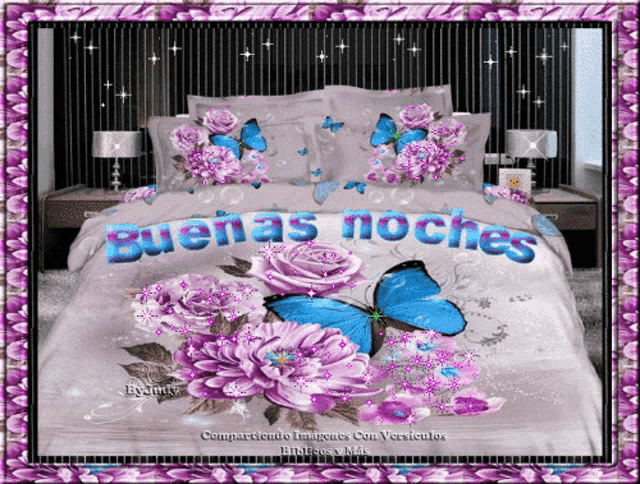 a bed with purple flowers and butterflies and the words buenas noches in blue