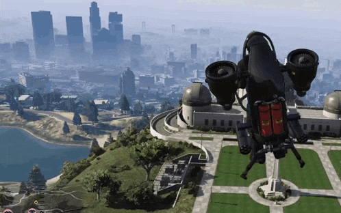 a jet pack is flying over a park in front of a large city