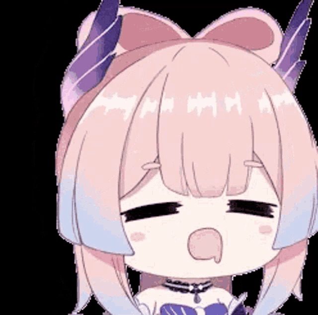 a cartoon girl with pink hair and purple horns is making a face .