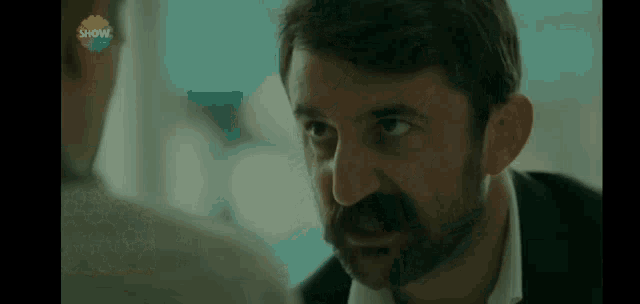 a man with a beard is talking to another man with show written on the bottom of the screen