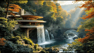 a house on a cliff overlooking a waterfall with a bridge in the background