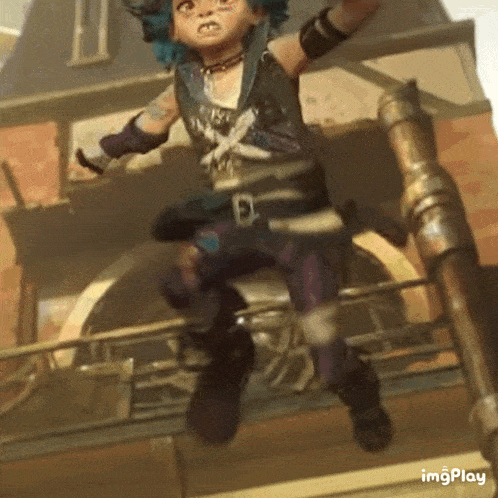 a little girl with blue hair is jumping in the air with a gif that says imgplay on the bottom