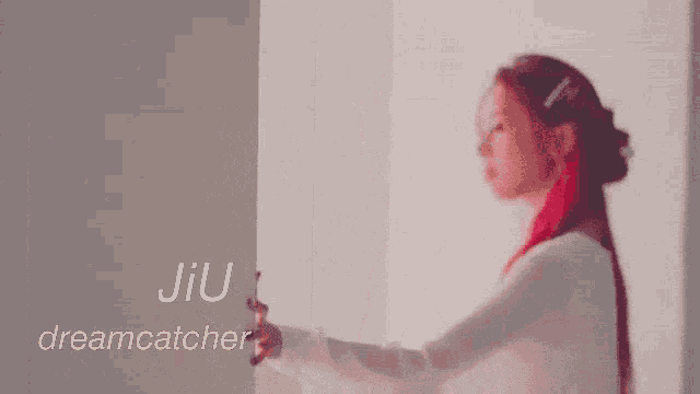 a woman with red hair is standing in front of a wall with the words jiu dreamcatcher on it .