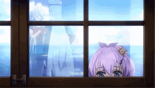 a girl with purple hair and blue eyes is looking out of a window .