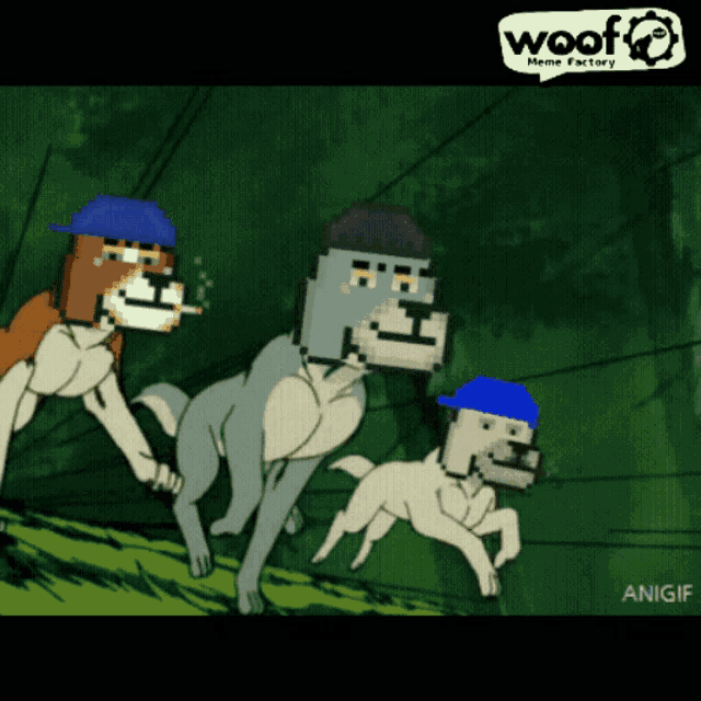three cartoon dogs wearing blue hats with the word woof meme factory on the bottom right