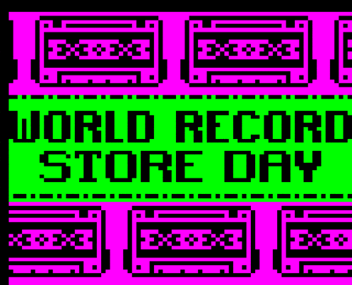a green and pink sign that says world record store day on it