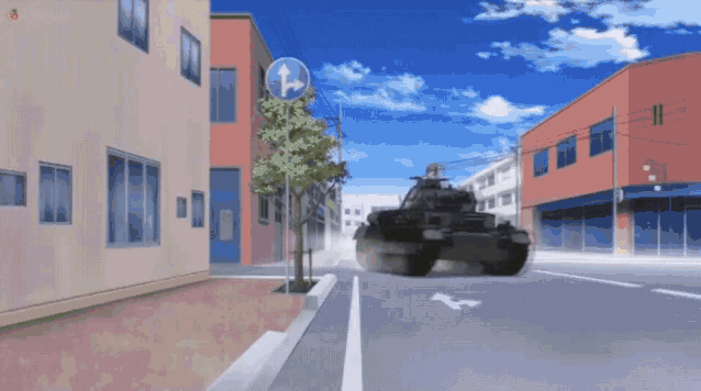 a tank is driving down a street with a sign that says left