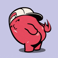 a red cartoon character wearing a hat with a lightning bolt on his butt