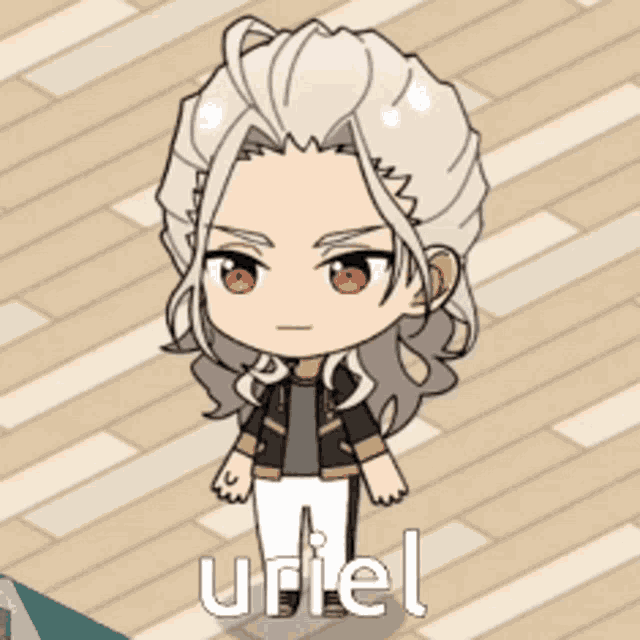 a cartoon character with the name uriel on the floor