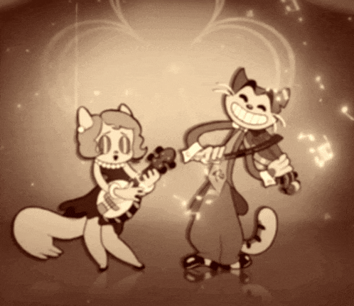 a cartoon of a cat playing a violin next to a girl playing a guitar