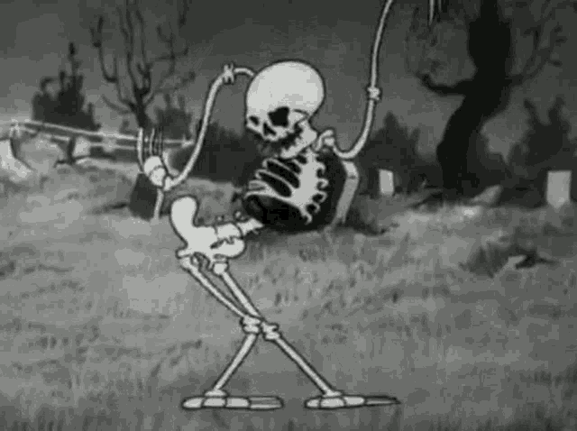a black and white cartoon of a skeleton dancing in a graveyard .
