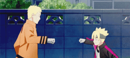 naruto and boruto are standing next to each other in front of a brick wall .