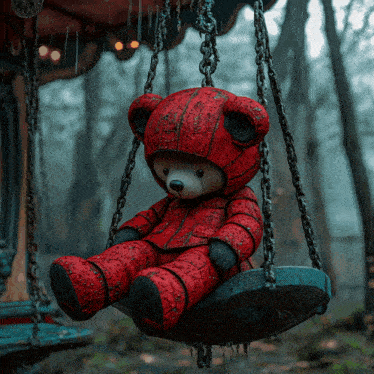 a red teddy bear sits on a swing in the rain