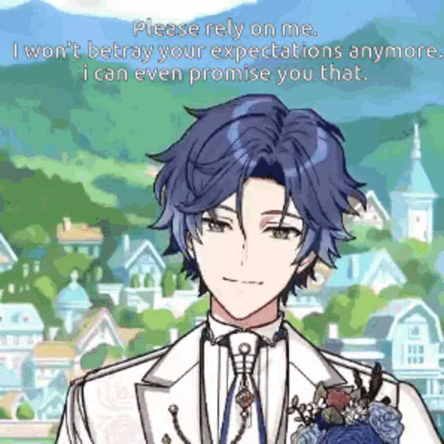 a man in a tuxedo with a flower in his lapel says please rely on me