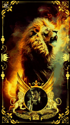 a man smoking a cigarette in front of a lion with a crown on its head