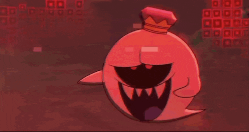 a cartoon character with a crown on his head is standing in front of a pink background .