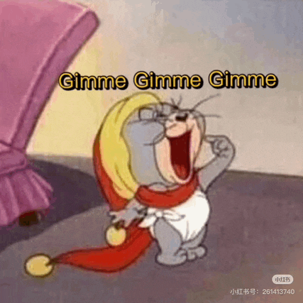 a cartoon cat is wearing a santa hat and a scarf and says `` gimme gimme gimme '' .