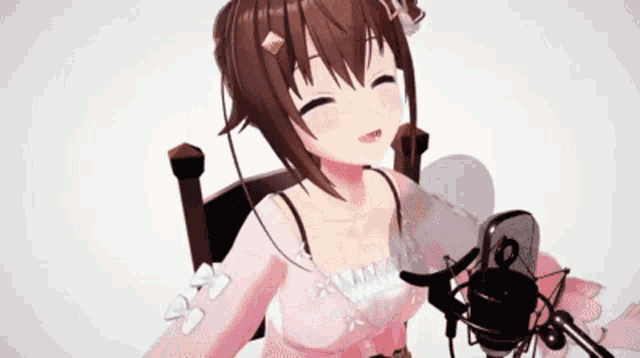 a 3d anime girl is singing into a microphone while sitting in a chair