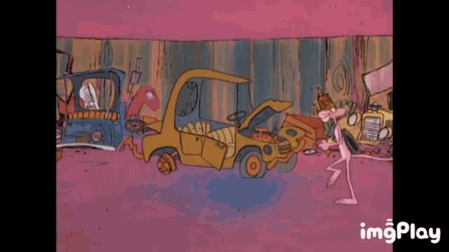 a pink panther is kicking a yellow car with stars coming out of it ..