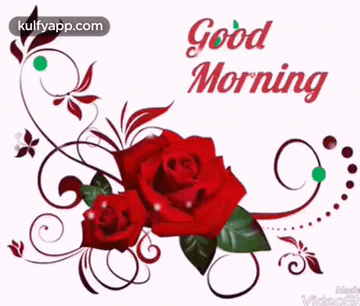 a good morning card with red roses and swirls on a white background