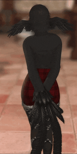 a woman in a plaid skirt is standing with her back to the camera