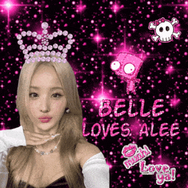 a girl with a crown on her head with the words belle loves alee behind her
