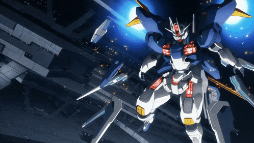 a blue and white robot with a sword is flying in the air